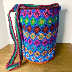 NEW Boho Multicolor Bucket Bag Woven Sun Bottom Adjustable Strap Bohemian